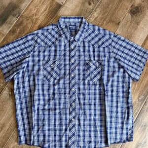 Wrangler Mens VTG Western Plaid Pearl Snap Single Stitch SS Shirt, Blue White,4X